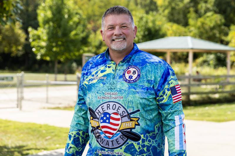 Marine veteran Jeremy Eaton, founder of the Chicago chapter of Heroes on the Water, an ambassador with the We Defy Foundation, a staff instructor at Dive Right in Scuba in Plainfield (which offers a program for veterans to become dive professionals), and a member of the Joliet Police Department’s Battle Buddies, takes a portrait at Hammel Woods, Shorewood on Oct. 2, 2025.