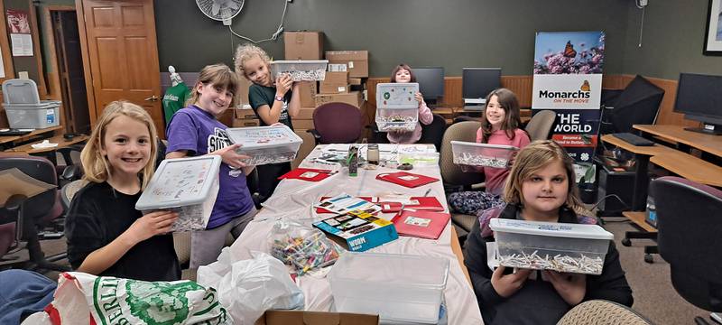 Members of the Learn Grow Share SPIN Club, a special interest club for Marshall-Putnam 4-H members, display the worm boxes they created to study and learn about the role worms play in soil health.