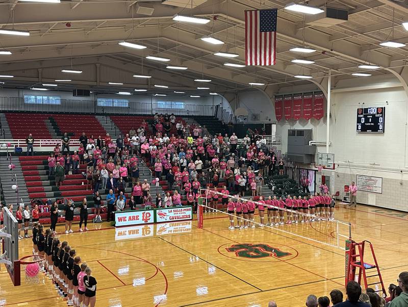 The National Anthem plays as Ottawa and L-P get ready to play during Volley for a Cure night on Tuesday, Oct. 1, 2024 at AJ Sellett Gymnasium.