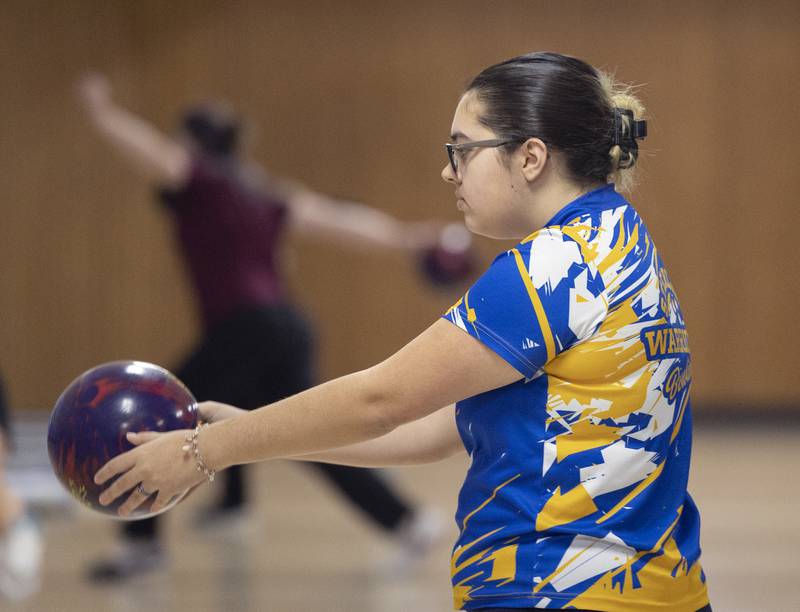 Sterling’s Kara Garcia eyes the lane Friday, Feb. 7, 2025, in the girls bowling regionals at Plum Hollow in Dixon.