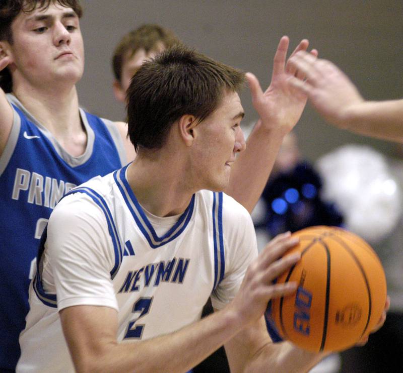 Newman's Asher Ernst looks to pass the ball.  1-3 Princeton played Newman (3-0) in a conference game. The matchup took place at Newman High School on Friday, December 5, 2025.