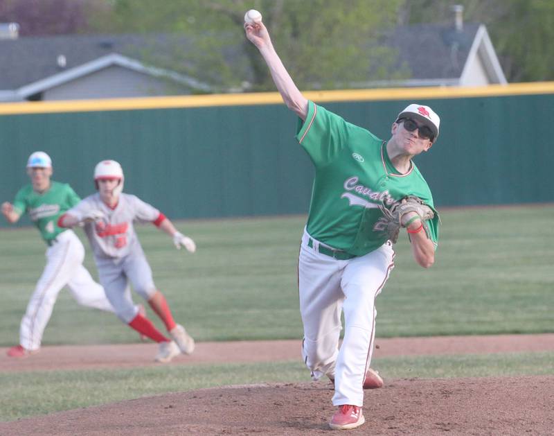 L-P's Brandon Foreman throws a pitch as Ottawa's Jace Veith leads off second base at Huby Sarver Field inside the L-P Athletic Complex on Tuesday, April 23, 2024 in La Salle.