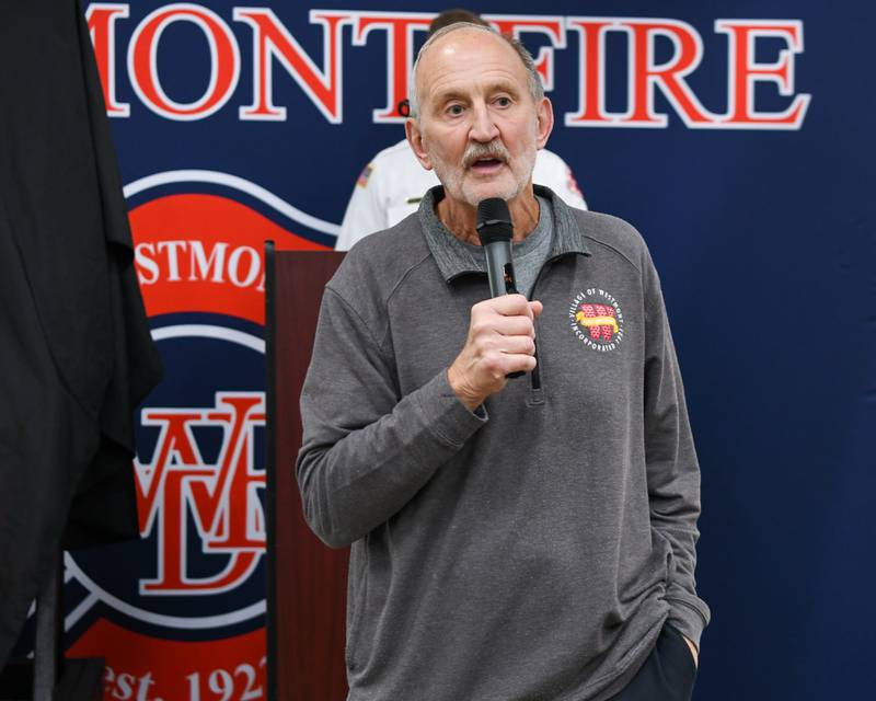 Westmont Mayor Ron Gunter speaks during the Westmont fire department 100 year anniversary celebration held on Saturday Oct. 14, 2023.