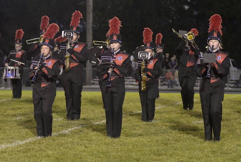 The Streator Marching Band plays a musical selection prior the the start of Friday’s game against Manteno at Streator.