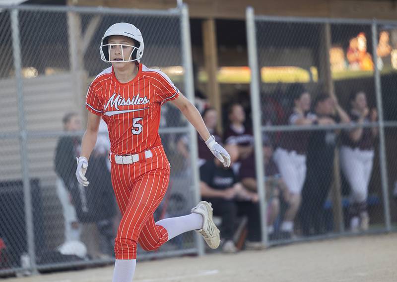 Milledgeville’s Emma Buyers comes in to score against Dakota Tuesday, May 26, 2026, at the Eastland Class 1A softball sectional quarterfinal.