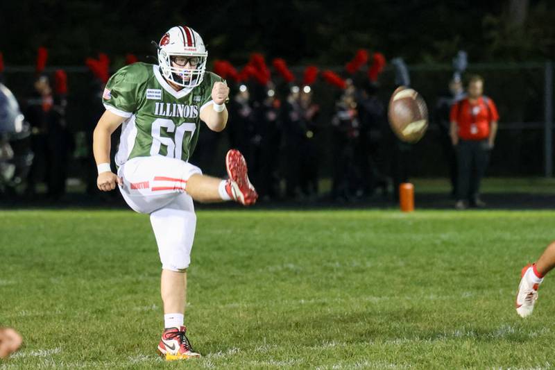 Joseph Grako of Streator punts ball on Friday, October 4, 2024 at Streator high school in Streator.