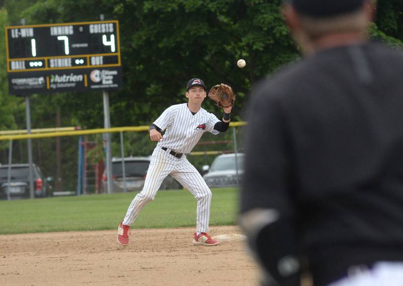 Fulton shortstop Braeden Brennan waits for the throw from first baseman Jacob Huizenga to complete a double play in the bottom of the seventh inning against Rockford Lutheran at the 1A Lena-Winslow Sectional on Wednesday, May 28, 2025.. The Steamers won the game 4-1 to advance to the sectional final.