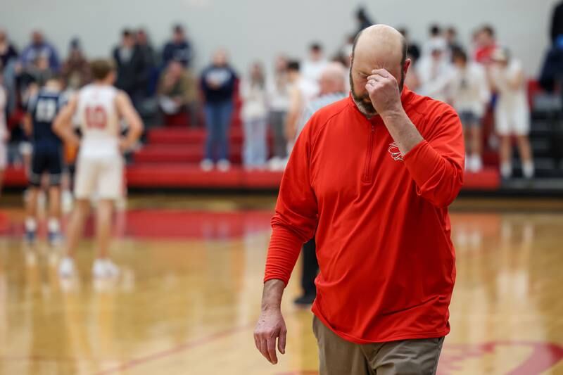 L-P Coach John Senica walks in frustration on Saturday, December 14, 2024 at Hall High School in Spring Valley.