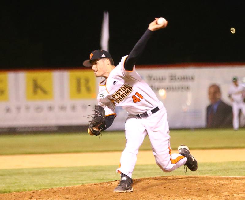 Pistol Shrimp pitcher Jared Herzog, an Ottawa HIgh School graduate, delivers a pitch against Rex Baseball during the home opener Thursday, June 2, 2022 at Veterans Park in Peru.