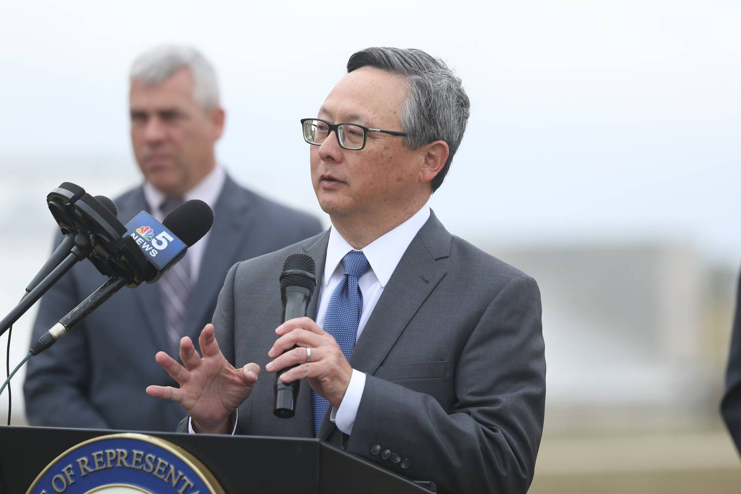 John Kim, Illinois Environmental Protection Agency Director, speaks at the press conference announcing new funding from the Bipartisan Infrastructure Law for the state of Illinois  at the City of Joliet Aux Sable Wastewater Treatment Plant on Tuesday