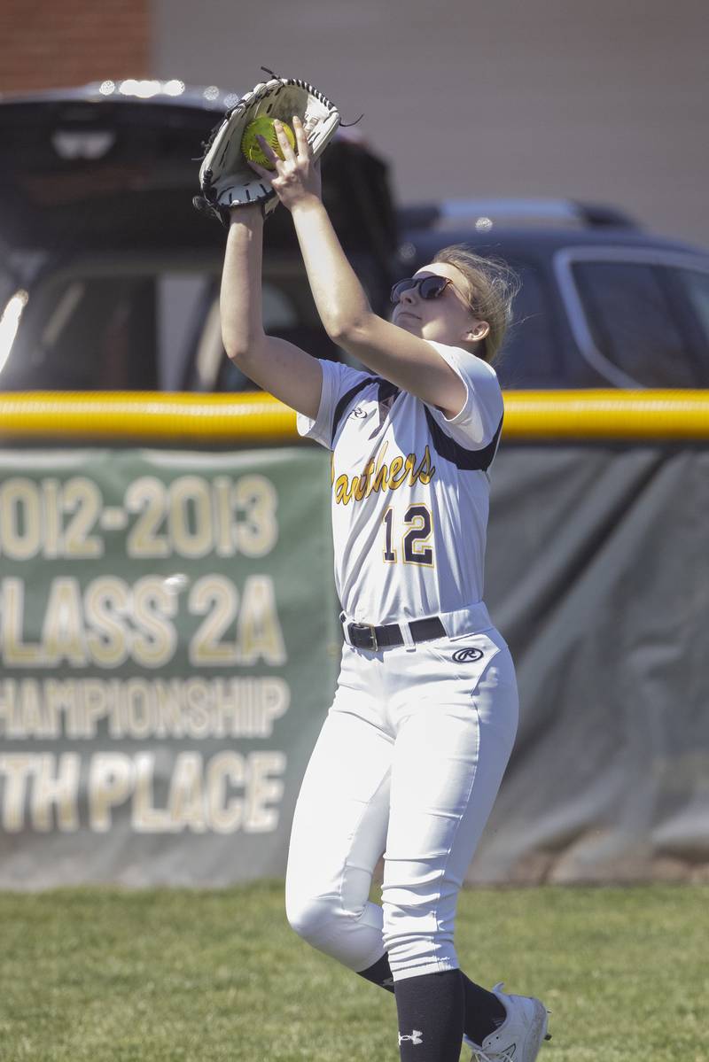 Putnam County's Tori Blima hustles to make the catch after coming in from deep center field during the game against St.Bede on April 8,2023