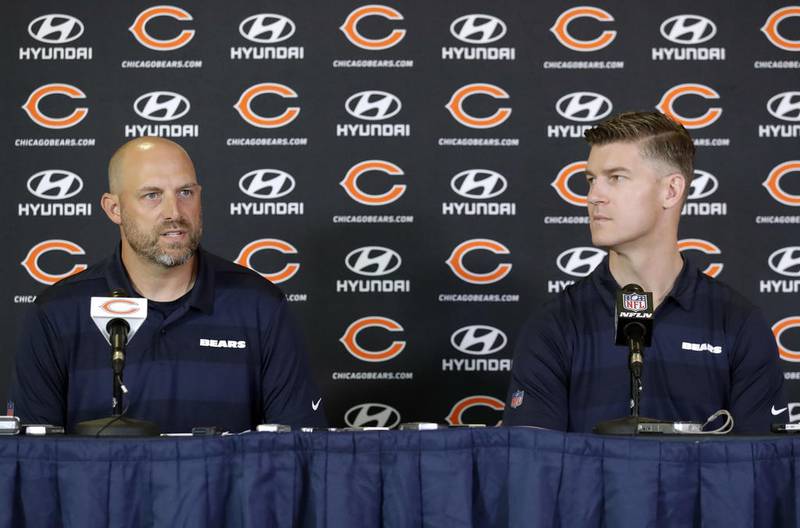 Chicago Bears head coach Matt Nagy, left, speaks as general manager Ryan Pace looks on at a news conference prior to the start of training camp for the 2018 season.