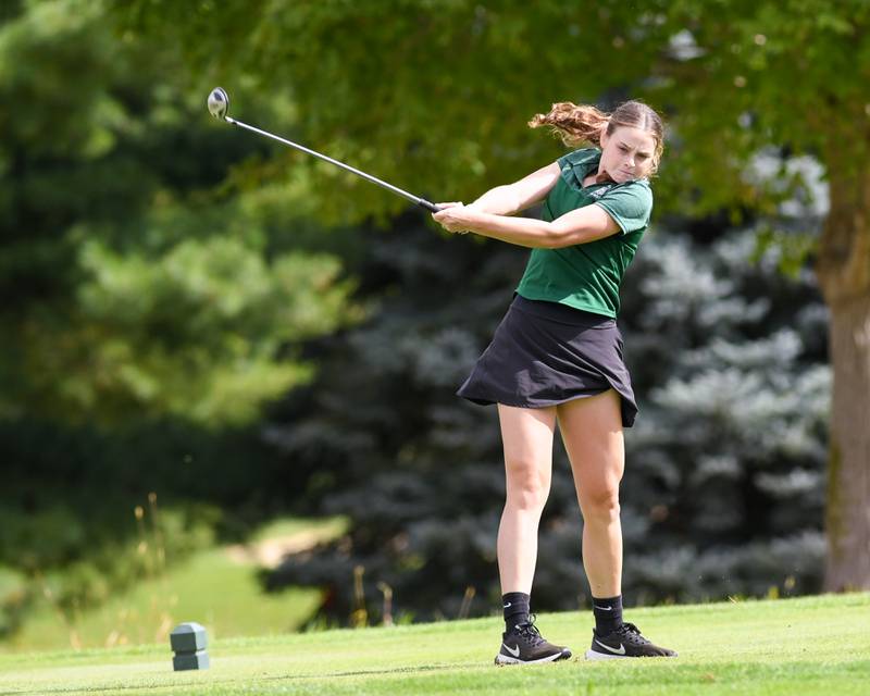 Riley Freischlang of Plainfield Central hits a drives off the tee box during the Southwest Prairie conference meet on Wednesday Sept. 24, 2025, held at Blackberry Oaks Golf course in Bristal.