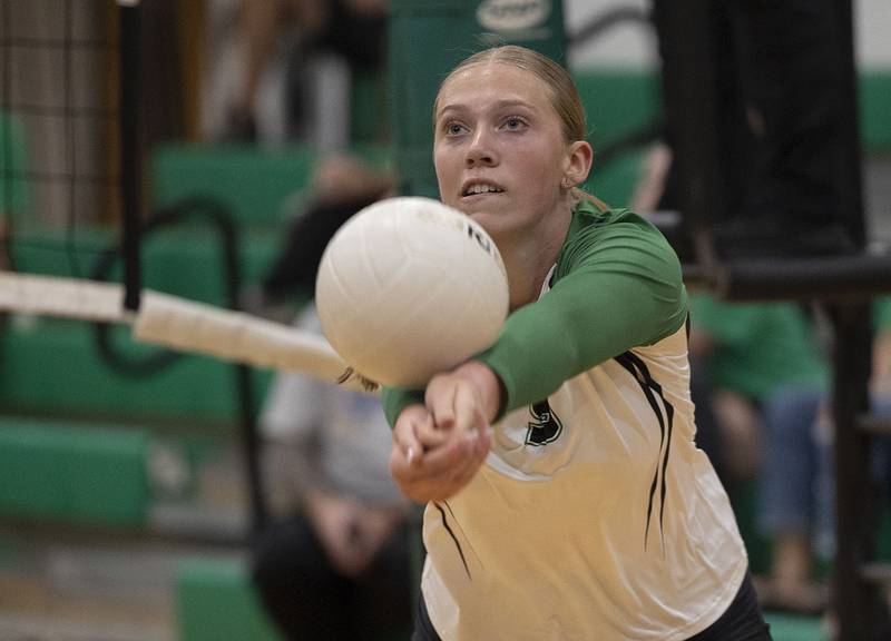 Rock Falls' Kayla Hackbarth makes a pass against Rochelle Monday, Sept. 29, 2025.