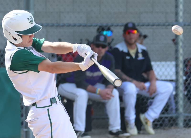 St. Bede's Carson Riva gets a double on this hit against Serena on Friday, April 24, 2026 at St. Bede Academy.