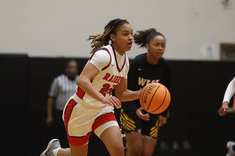 Bolingbrook’s Amya Simmons works the ball upcourt against Joliet West on Thursday, Jan 23, 2025 in Bolingbrook.
