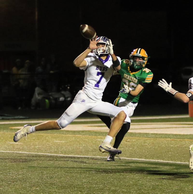 Rochelle's Mark Green (7) catches an interception during Friday's Class 4A first-round playoff game at Geneseo.