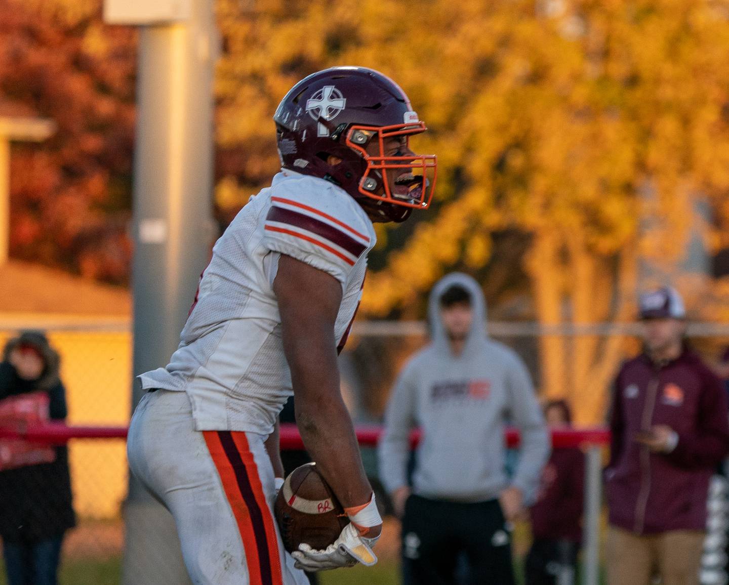 Brother Rice's Aaron Vaughn (5) reacts after scoring a touchdown against Yorkville during a a 7A state football playoff game at Yorkville High School on Saturday, Nov. 6, 2021.