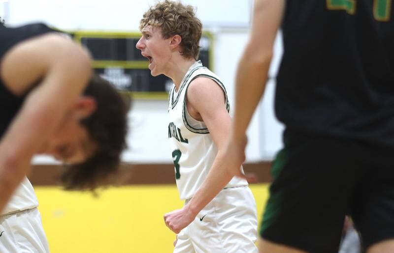 Grayslake Central’s Sam Cooper howls with delight after drawing a foul against Crystal Lake South during Hinkle Holiday Classic Basketball Tournament title game action at Jacobs High School Friday.