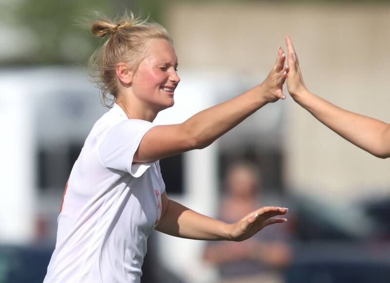 Crystal Lake Central’s Elizabeth Gray celebrates a goal in varsity soccer at Hampshire Tuesday evening.