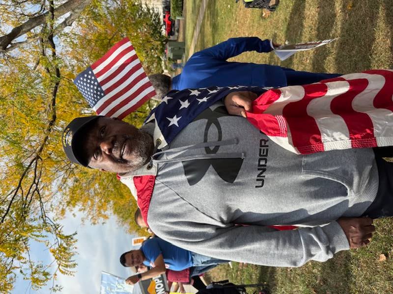 Alvin Simmons came out to the Bolingbrook No Kings protest at the northeast corner of Janes Avenue and Boughton Road on Saturday, Oct. 18, 2025. The crowd was estimated to be more than 1,000 as it extended to the Interstate 355 intersection.
