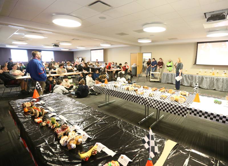 Cars made entirely from food are on display before racing during the 18th annual Editable Car Contest on Wednesday, Feb. 28, 2024 at Illinois Valley Community College in Oglesby.