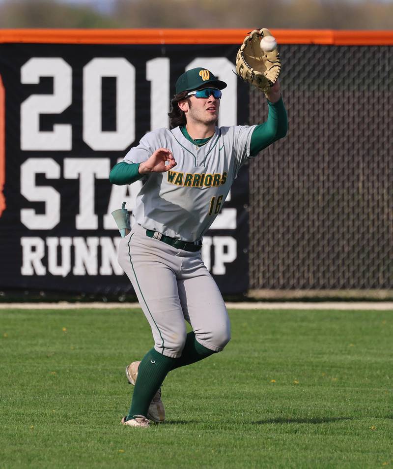 Waubonsie Valley's Jack Roberts makes a catch in left field Monday, April 20, 2026, during their game at DeKalb High School.