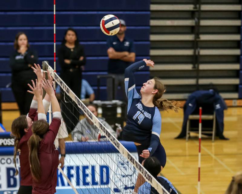 Downers Grove South's Jen Curran (14) spikes the ball during Class 4A Riverside-Brookfield Supersectional match between Lockport at Downers Grove South.  Nov 11, 2024  in Riverside.