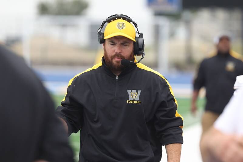 Joliet West head coach Dan Tito walks the sidelines against Joliet Central on Saturday, Sept. 28, 2024 in Joliet.