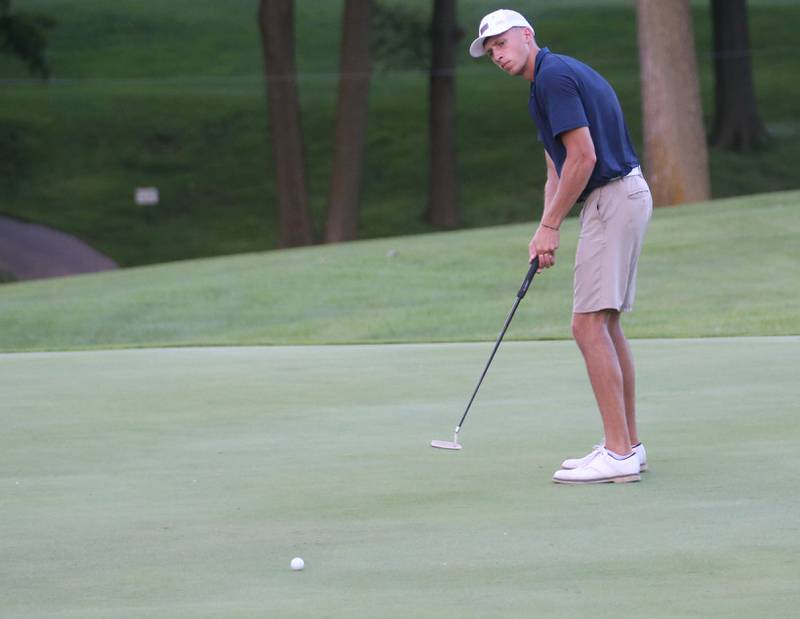Carter Frenza puts during the Illinois Valley Mens Golf Championship Tournament on Sunday, July 27, 2025 at Spring Creek Golf Course in Spring Valley.