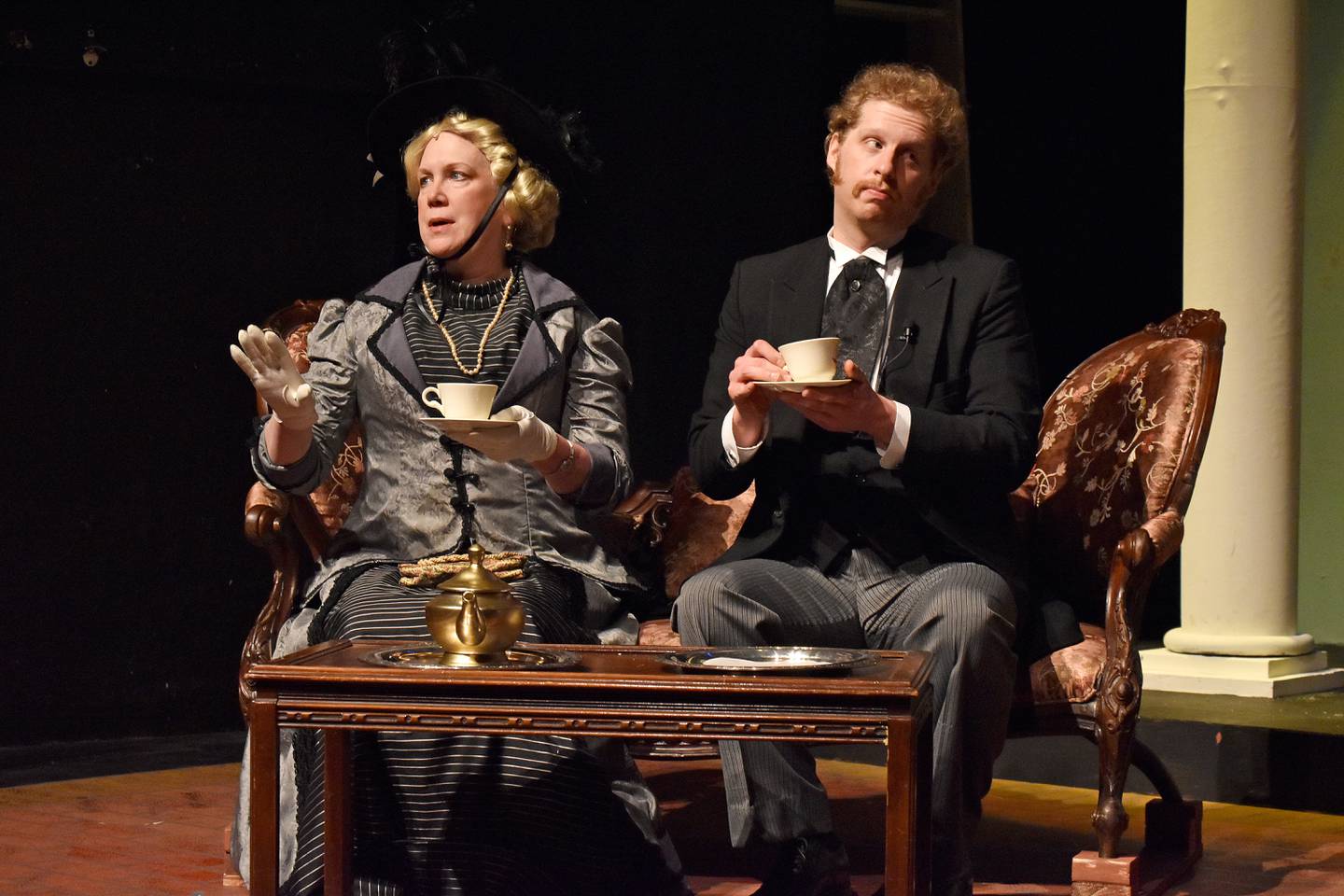 Lady Bracknell and Algernon in "The Importance of Being Earnest" at PM&L Theatre.