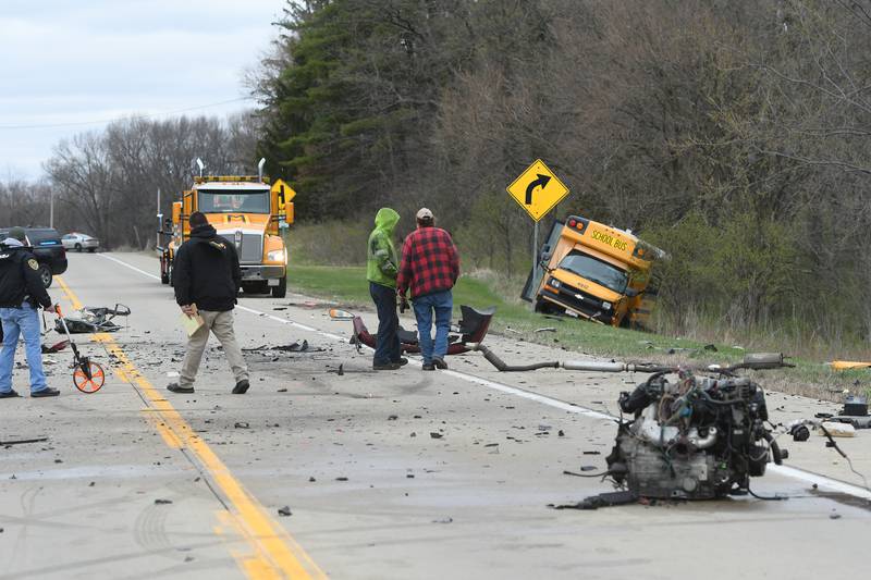 An Illinois Central school bus sits on the east ditch of Illinois Route 2 between Oregon and Byron on Monday afternoon following a 3-vehicle collision just south of Camling Road. Seven people were injured in the accident and one fatality was being reported. No students were onboard the school bus, but the driver and two aides were injured in the accident Illinois Central officials said. The road remained closed from Town Hall Road to Camling Road as police worked to reconstruct the accident.