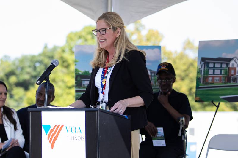 Nancy Hughes Moyer, President and CEO VOA Illinois delivers remarks during VOA Illinois’ groundbreaking ceremony for Hope Manor Village Joliet on Sept. 16, 2025.