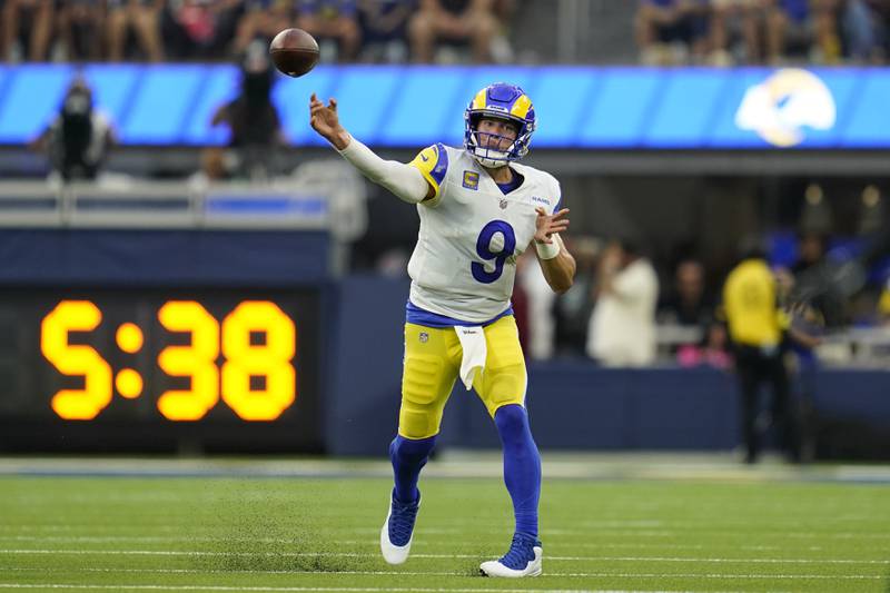 Los Angeles Rams quarterback Matthew Stafford (9) throws during an NFL football game against the Buffalo Bills Friday, Sept. 9, 2022, in Inglewood, Calif. (AP Photo/Ashley Landis)