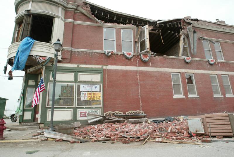 Bricks lay in Mill Street from former Duffy's Tavern now Lodi Taphouse the day after the tornado on Wednesday, April 21, 2004.