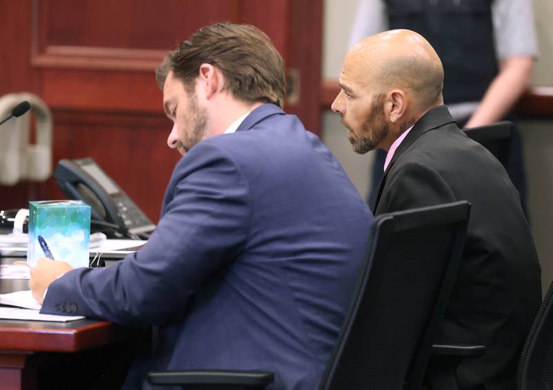 Nathan P. Sweeney, (right) 45, of DeKalb, and his attorney John Kopp respond to Circuit Court Judge Marcy Buick Thursday, June 26, 2025, during his plea hearing at the DeKalb County Courthouse in Sycamore. Sweeney pleaded guilty Thursday for driving under the influence on March 28, 2024, and causing a crash that killed DeKalb County sheriff‘s deputy Christina Musil.