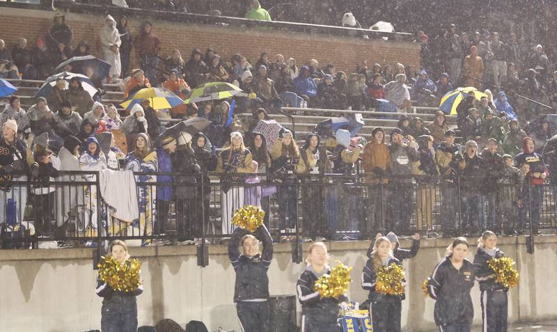 Polo fans cheer from the stands during the 8-man I8FA championship game on Friday, Nov. 21, 2025 at April Zorn Memorial Stadium in Monmouth.