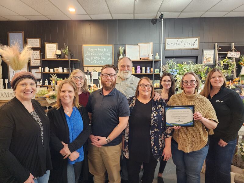 Refurbished Treasures was recognized as the Streator Chamber of Commerce’s Business of the Month for December. Pictured from left: Carri Pedelty, Chamber Ambassador; Melissa Givens, Chamber Ambassador; Judy Booze, Chamber Ambassador; Jack Schuler, Chamber Member; Bill Weiss; Lori Fornero, Owner of Refurbished Treasures; Devon Devallee, Chamber Ambassador; Amber Miller, Executive Director; and Dana Stillwell, Chamber Board.