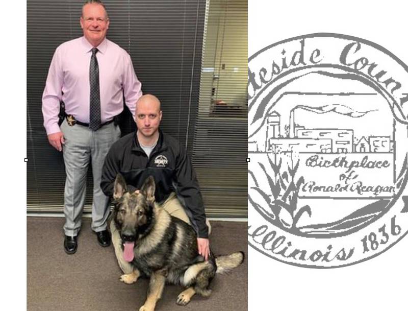 Whiteside County Sheriff John Booker, Deputy Derek Hamstra and K-9 Amor.