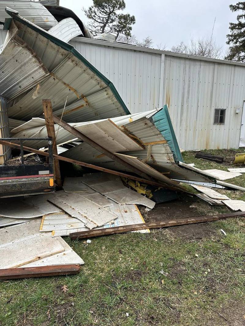 The fast-moving storm blew off the northwest corner of the arena building at Huntoon Stables in North Aurora. None of the 21 horses or any people were injured and about half of the arena is still securely covered.
