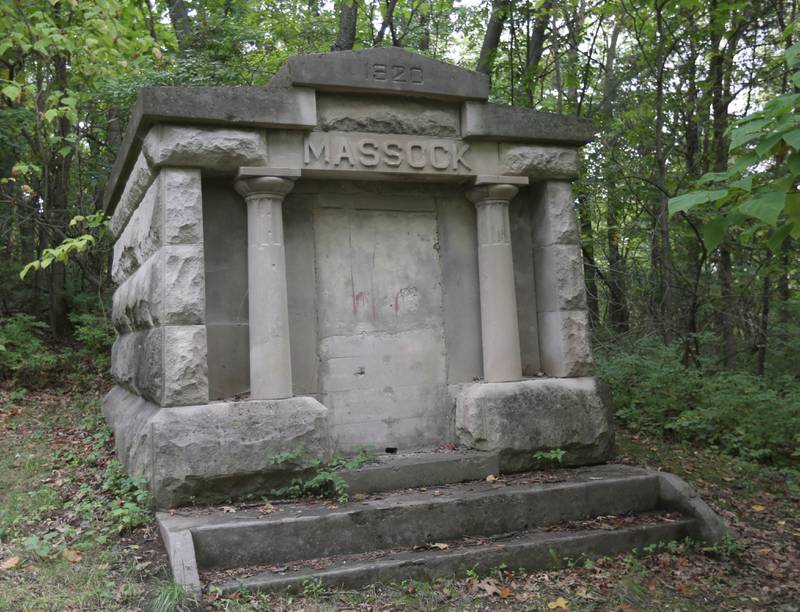The Massock Mausoleum stands in Lithuanian Cemetery on Thursday, Sept. 28, 2023 in Spring Valley. Locals tell the story of a Hatchet Man, a frightening ghost who likes to guard the cemetery. The door to the mausoleum is said to stay warm, even though it has been sealed closed since the 1960's when vandals stole a skull from it. The cemetery was rated as a top 10 creepiest cemetery by Michael Kleens, who wrote “Haunting Illinois: A tourist guide to the weird and wild places of the prairie state.”