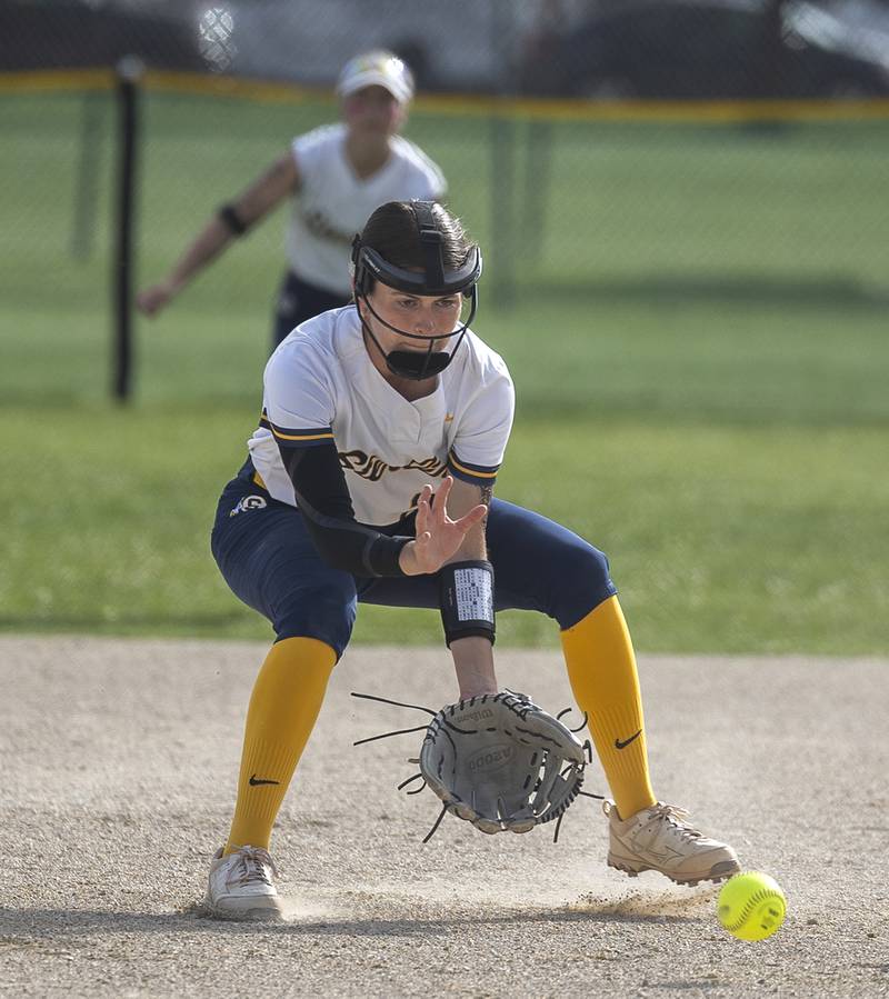 Sterling’s Kaity Taylor fields a ball against Rochelle Tuesday, May 27, 2025, during a Class 3A Regional softball game in Dixon.