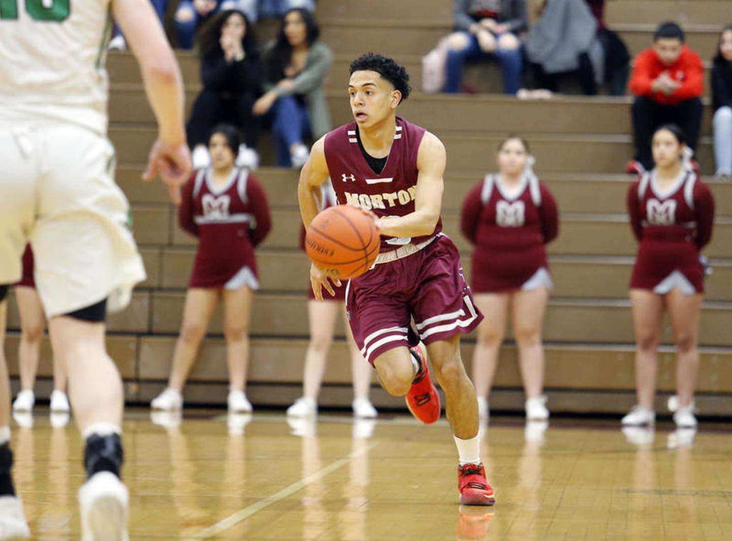 Morton's Jesus Perez (3) brings the ball upcourt as the Morton Mustangs defeated York Dukes 60-55 in a IHSA regional final boys varsity basketball game on Friday March 6, in Cicero, Ill.