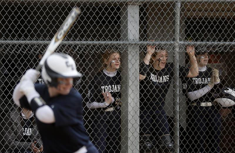 Cary-Grove players cheer for their reammate during a nonconference softball game against Richmon-BurtonTuesday, March 21, 2023, at Cary-Grove High School.