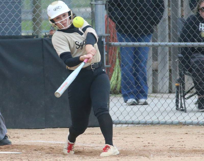 Sycamore's Addison Armstrong makes contact with the ball on Tuesday, May 5, 2026 at Peck Park in Ottawa.