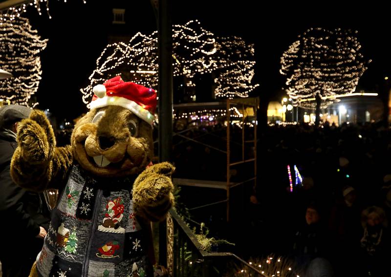 Woodstock Willie celebrate the lights turning on during the Lighting of the Square on Friday, Nov. 24, 2023, in Woodstock. The annual holiday season event featured brass music, caroling, free doughnuts and cider, food trucks, festive selfie stations and shopping.