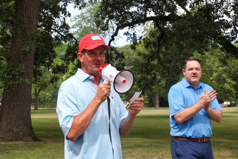 Kankakee Mayor Chris Curtis announces the Mister and Miss Firecracker from a drawing during the Riverview Historic District's annual 4th of July Celebration on Friday, July 4, 2025.