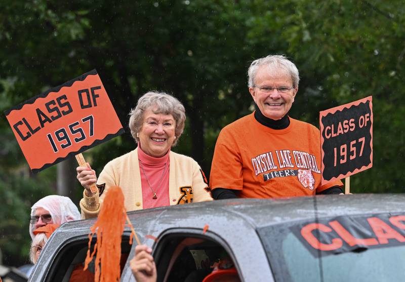 Crystal Lake Central H.S. alumni couple "Ray and JoAnn" class of '57 join the 100 year anniversary homecoming day parade on Saturday, Sep. 16, 2023 in Crystal Lake. The parade began at the high school and made its way through downtown Crystal Lake.