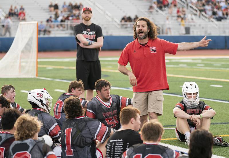 Huntley head coach Dominic Saccomanno during the boys lacrosse supersectional match against Lake Forest on Tuesday, May 31, 2022 at Hoffman Estates High School.