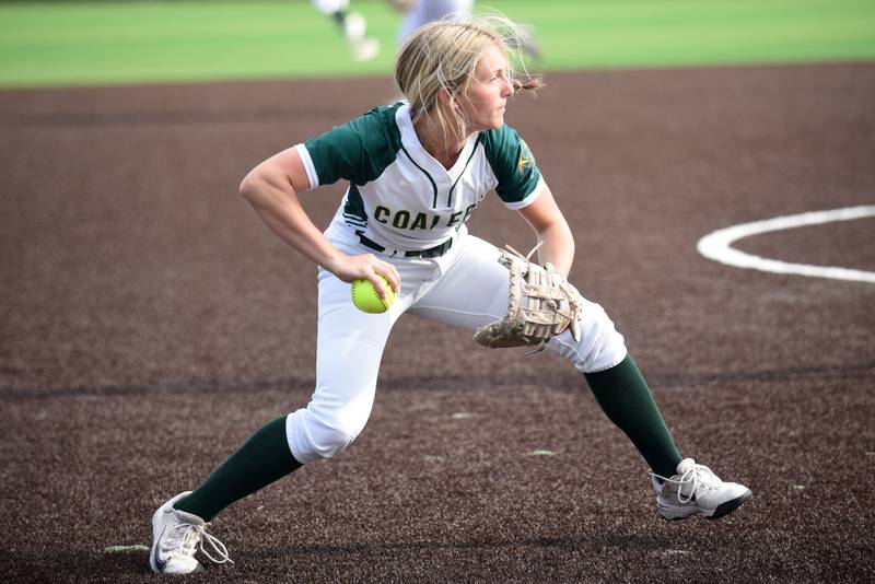 Coal City's DArcy Ness fields a ground ball and looks home during the Coalers' home game against Manteno Monday, May 12, 2025.